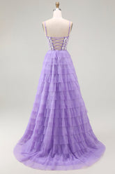 Lila Korsett A-Linie Gestuftes Langes Ballkleid